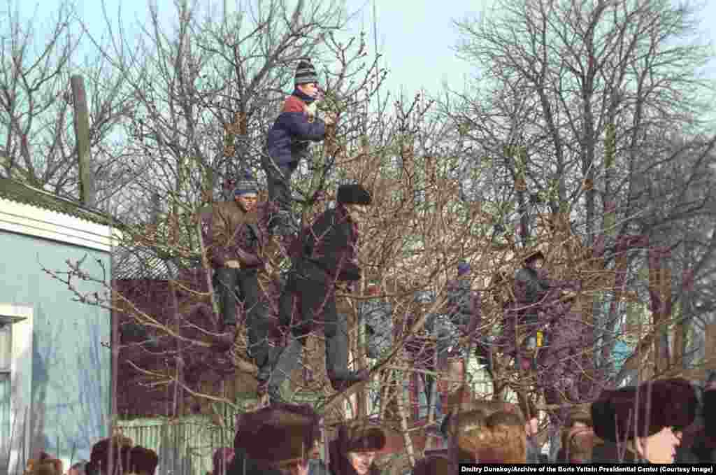 1992 жылғы қаңтарда Брянск облысына келген Борис Ельциннің сөзін тыңдау үшін кейбіреулер көшедегі ағаштың басына шығып алды.