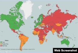 Карта, отражающая уровень свободы слова в мире, по версии доклада Freedom House.