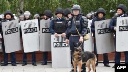 Сотрудники полиции и служебная собака на месте проведения протестов в Нур-Султане в день досрочных президентских выборов. 9 июня 2019 года.