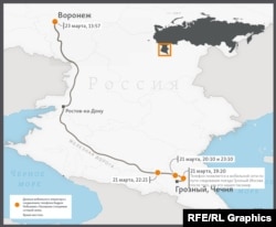 Грозный-Мәскеу бағытындағы поездан жолаушы тауып алғаннан кейін Кобышевтың телефоны желіге қай жерде, қашан қосылғаны көрсетілген карта.