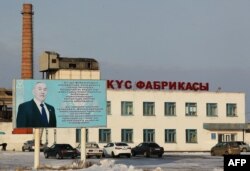 Билборд с портретом президента Казахстана Нурсултана Назарбаева на фоне здания птицефабрики. Аркалык, 14 декабря 2016 года.